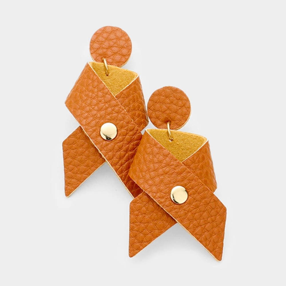 Brown Gold Bow Ribbon Leather Dangle Earrings 2.75" Fashion Jewelry Accessory